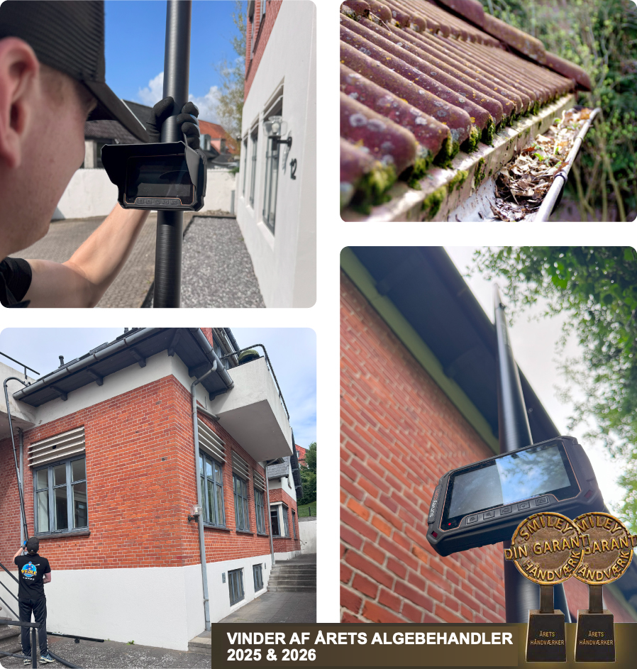 Collage med tagrenderens, tagrendesugning og medarbejdere fra Vejle Algerens