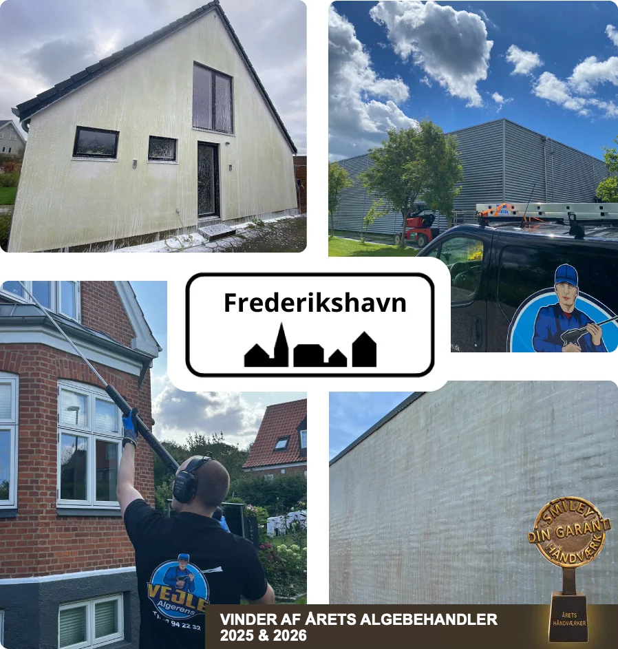 Collage med facaderens og medarbejdere fra Vejle Algerens