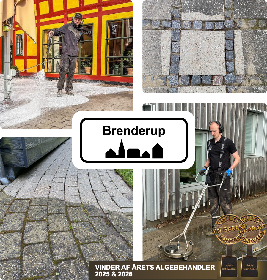 Collage med fliserens, rensede fliser og medarbejdere fra Vejle Algerens