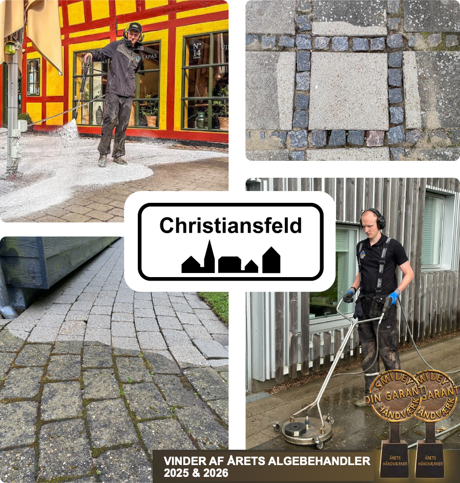 Collage med fliserens, rensede fliser og medarbejdere fra Vejle Algerens